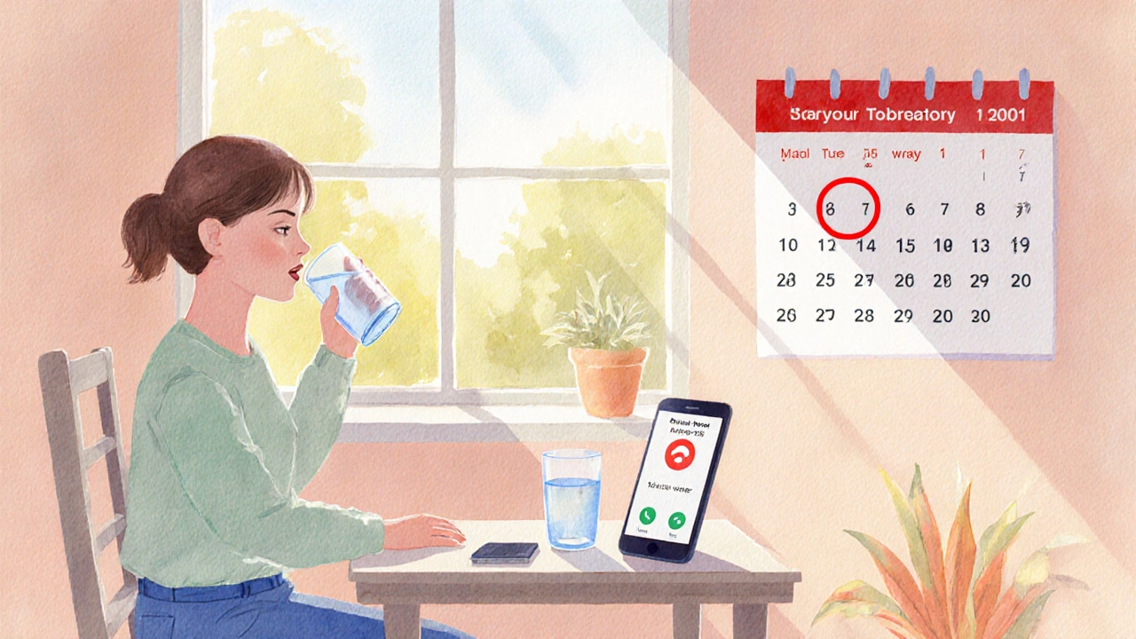 Человек пьёт воду за столом, держит телефон, на фоне календарь.