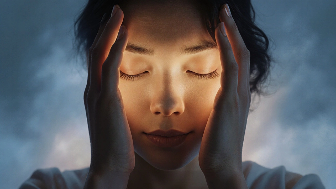 Человек расслабляет глаза, приложив ладони к закрытым глазам в тихой обстановке.