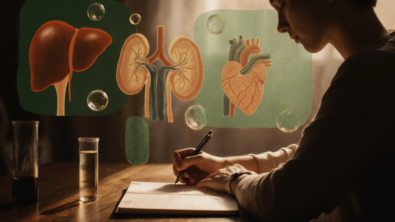 Человек ведет дневник результатов анализов, рядом символы органов.