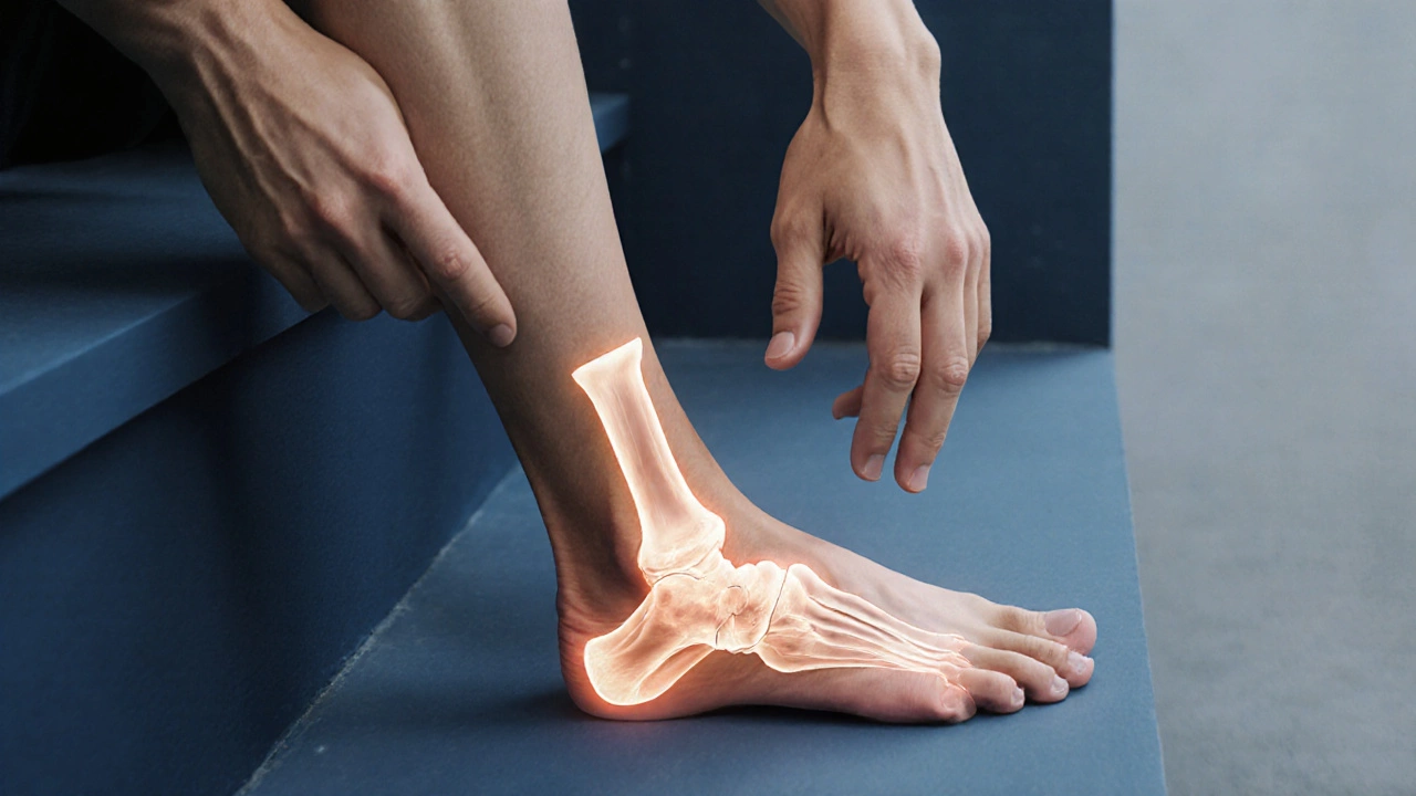 Человек выполняет изометрическое упражнение на пятке, рука держится за стену, визуализация коллагена в сухожилии.