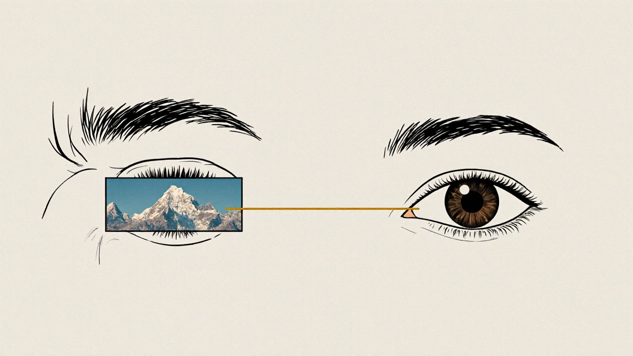 Два глаза: один напряжённый с бликами экрана, другой спокойный — смотрит на гору.