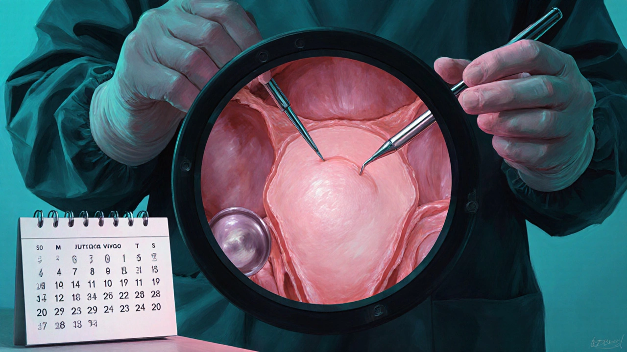 Лапароскопическая операция: вид на кисты яичника, рядом календарь контроля.