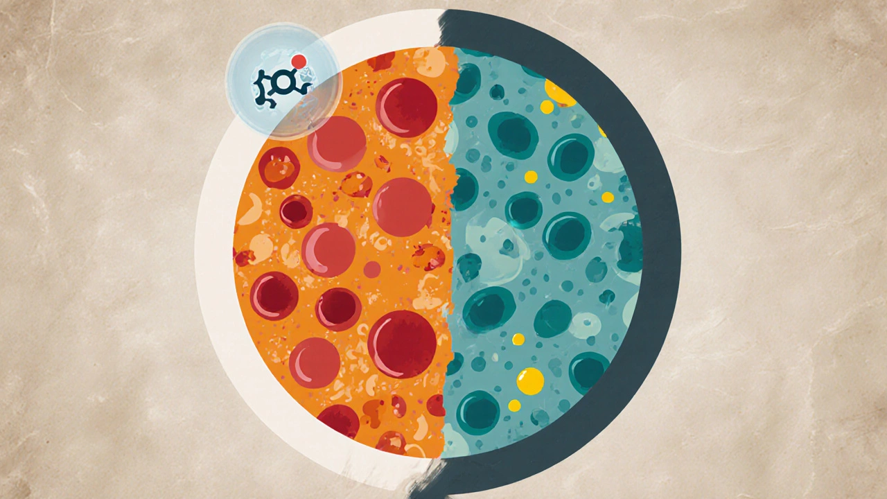 Микроскопический вид крови: повышенные нейтрофилы, сниженые лимфоциты, пластины и молекулы глюкозы.