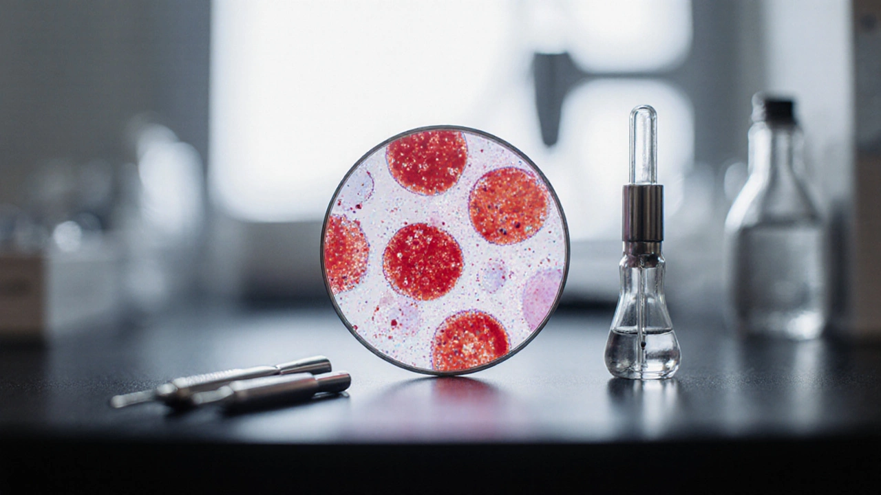 Микроскопический вид крови с красными и белыми клетками и тромбоцитами.