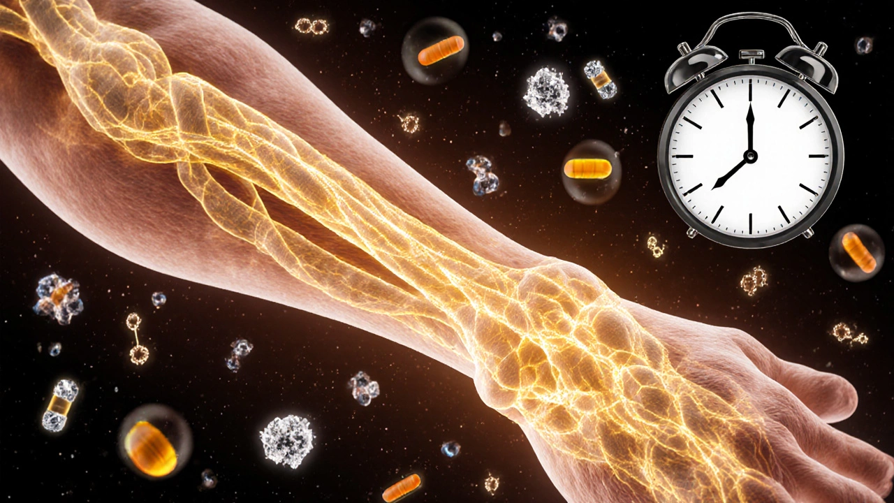 Микроскопический вид сухожилия с коллагеновыми волокнами и молекулами питательных веществ, символизирующий восстановление.