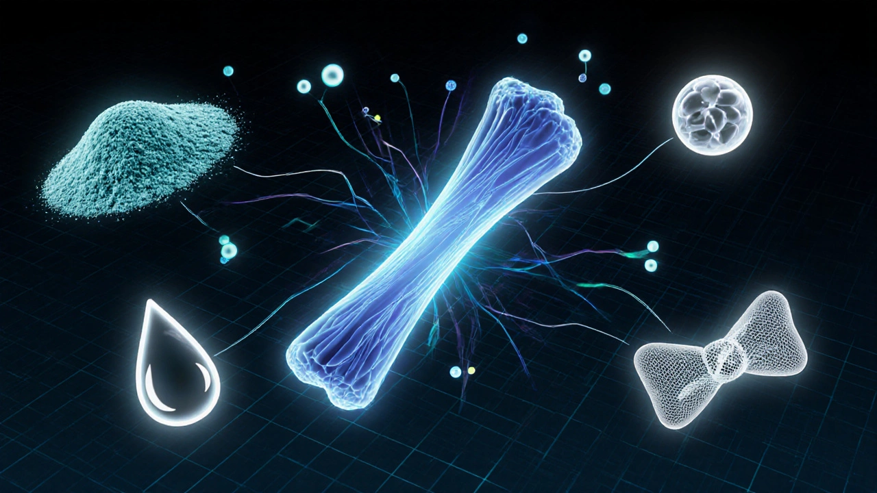 Пять проверенных добавок расположены вокруг молекулы мышечных волокон в научной иллюстрации.