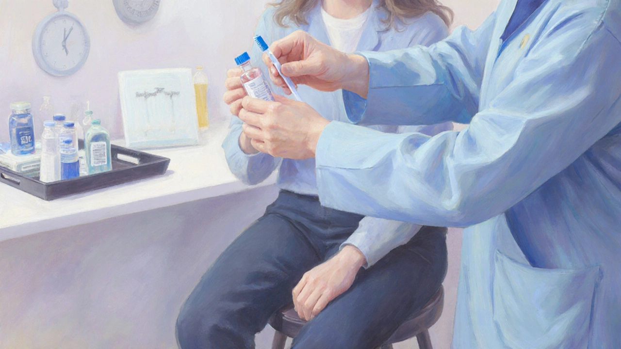 Техник в лаборатории берёт кровь у пациента, который держит зубную щётку.