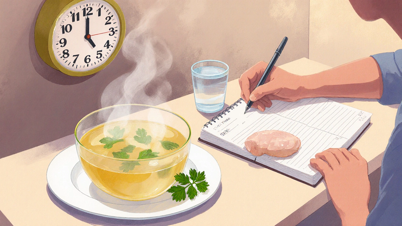 Тёплый овощной бульон, отварная курица, человек пишет в пищевой дневник, часы показывают время голодания.