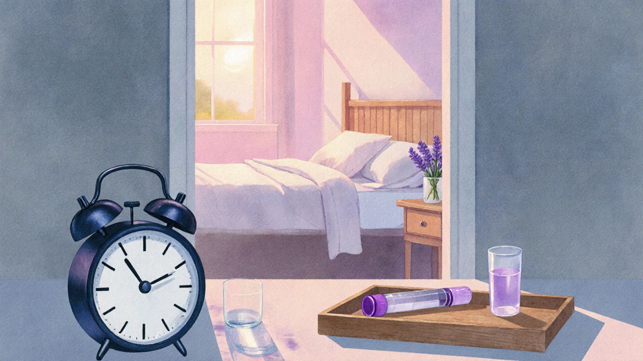 Утреннее спокойное присутствие: вода, лавандовые трубки и рассвет в спальне.