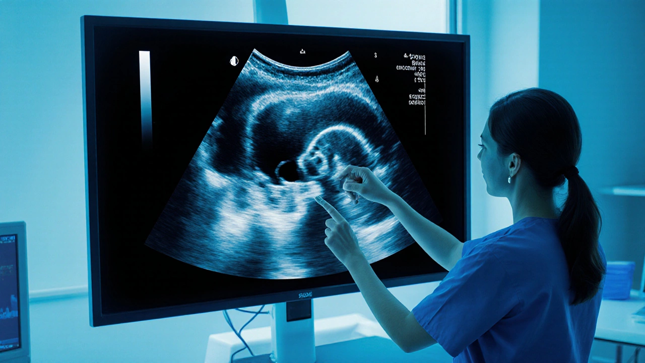 УЗИ‑скрин показывает круглую кисту на яичнике, врач указывает на неё.