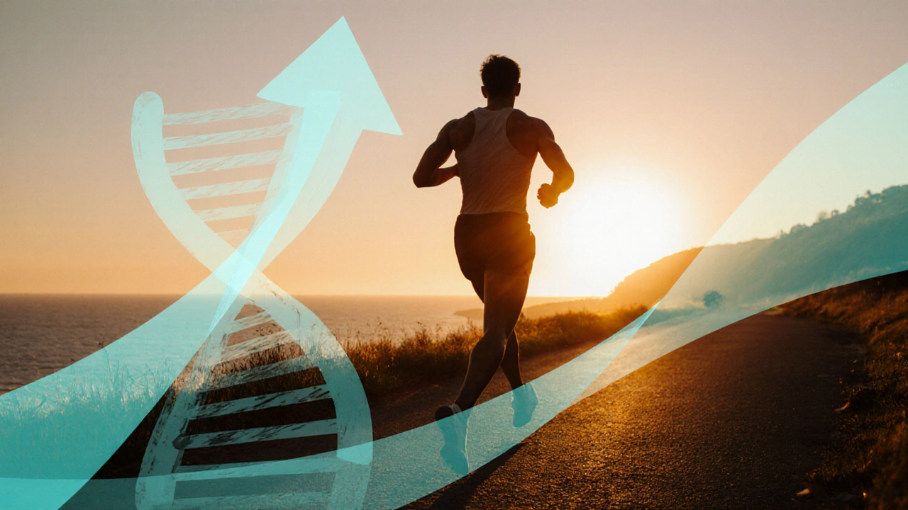 Восстановившийся атлет бежит на рассвете, символизируя ускоренное заживление.