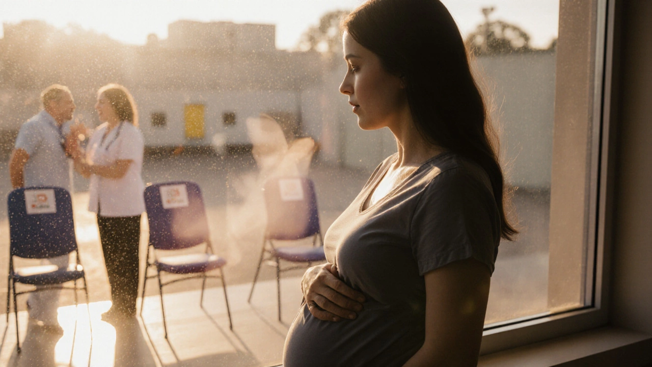 Беременная женщина смотрит на станцию донорства через окно, рука на животе.