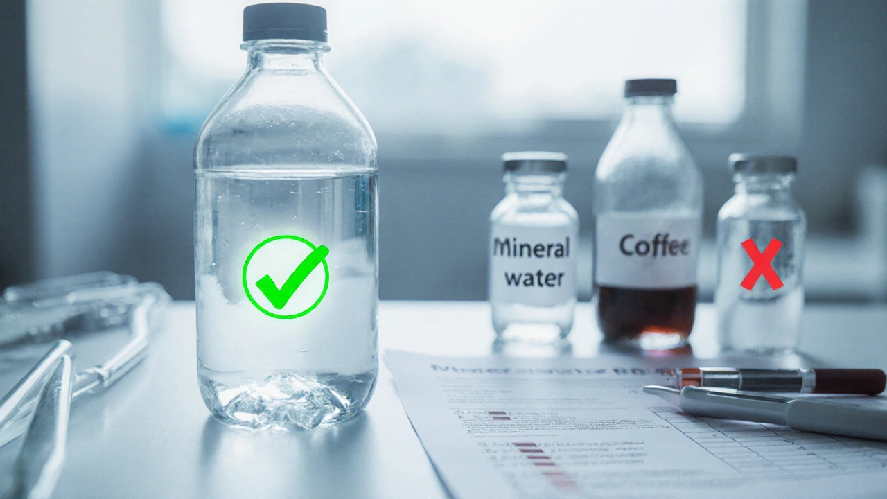 Бутылка воды рядом с лабораторным отчетом, рядом запрещенные напитки с красными крестами.