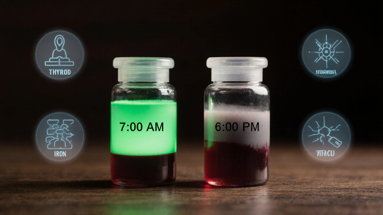 Две пробирки с кровью: утренняя с ярким светом и вечерняя с тусклым оттенком.