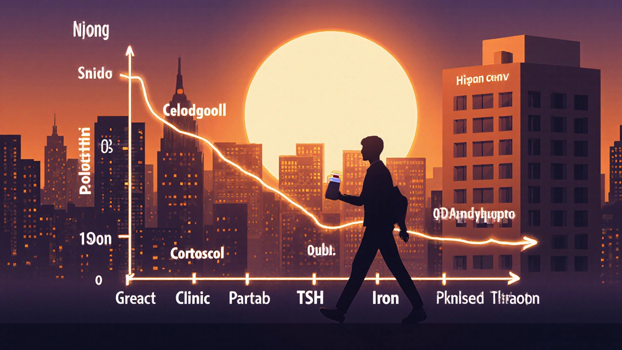 График циркадных ритмов над городом, показывающий падение гормонов к вечеру.