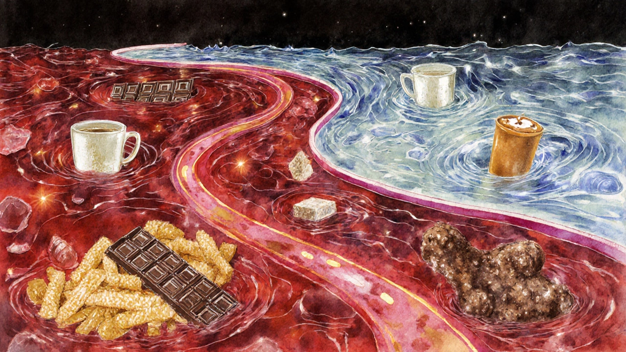 Кровеносная система с загрязнением от запрещённых продуктов и чистой водой.