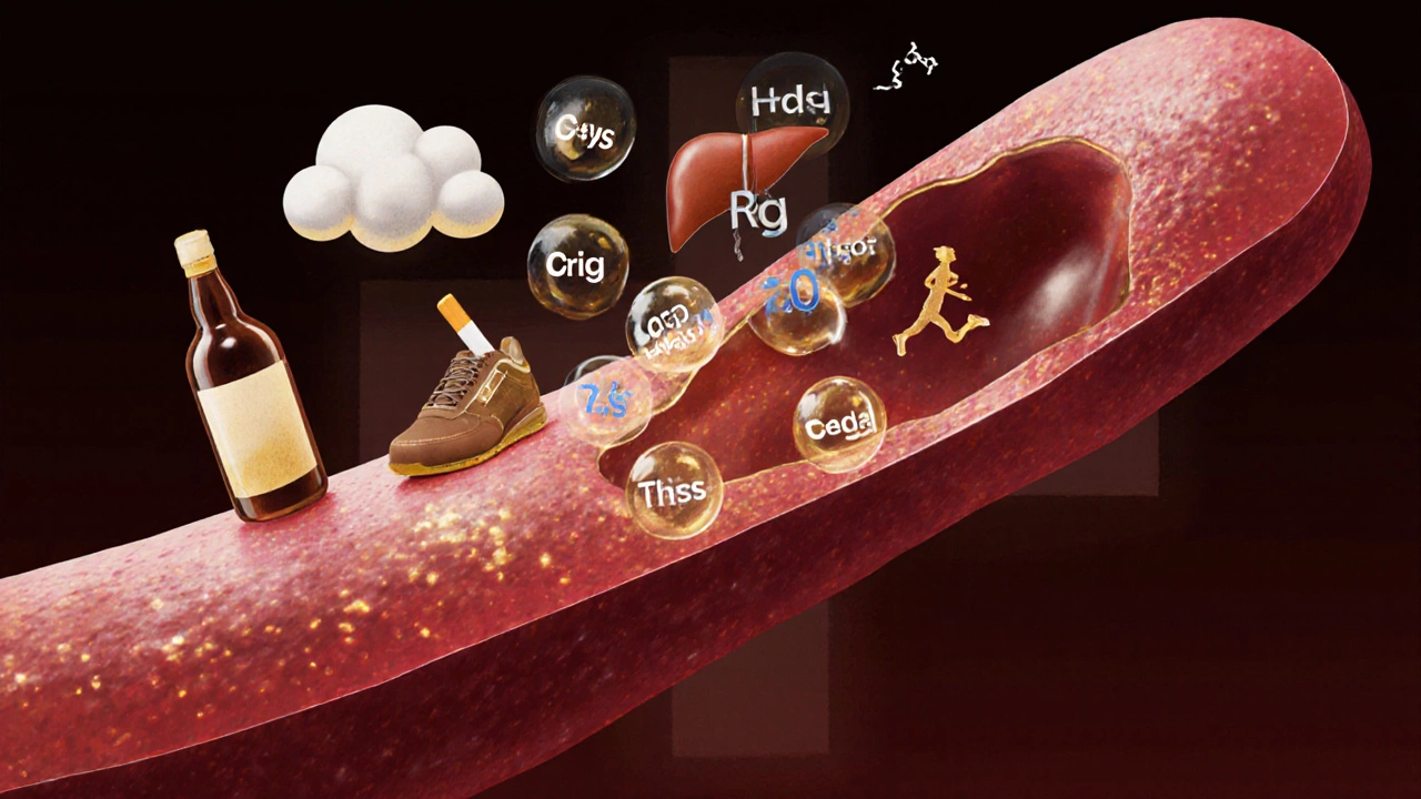 Кровеносный сосуд с молекулами, искажёнными алкоголем, стрессом и физической нагрузкой