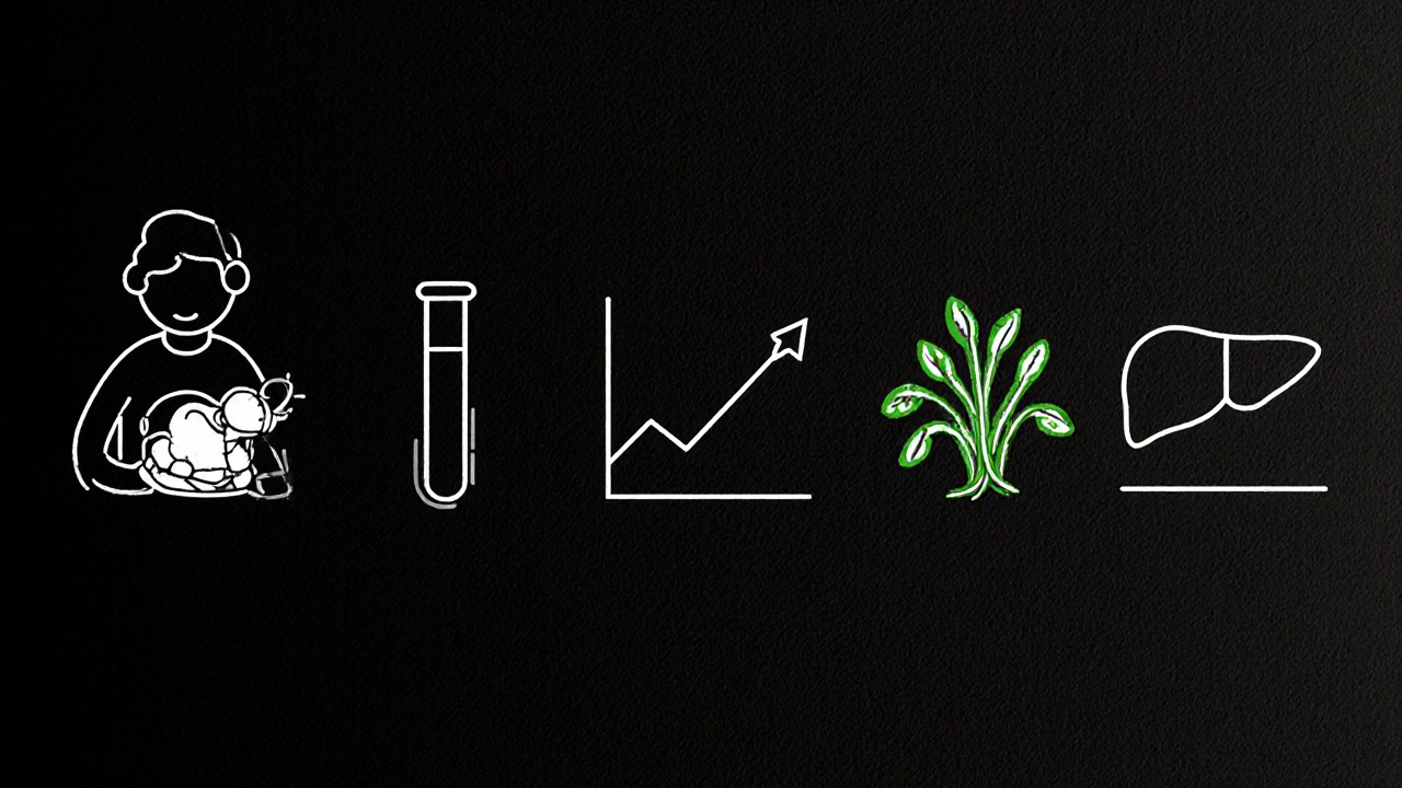 Минималистичная линейная диаграмма: питание → анализ → рост ферментов → восстановление печени.