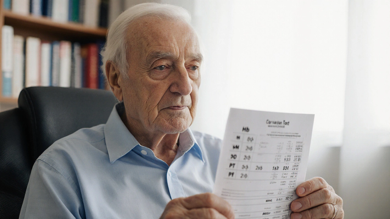 Пожилой человек в кабинете врача смотрит на результаты анализа крови