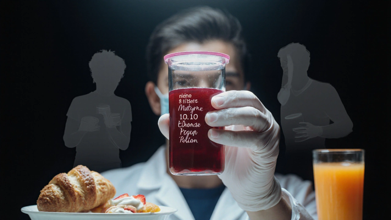 Пробирка с кровью с накладками искажённых показателей и силуэтами еды.