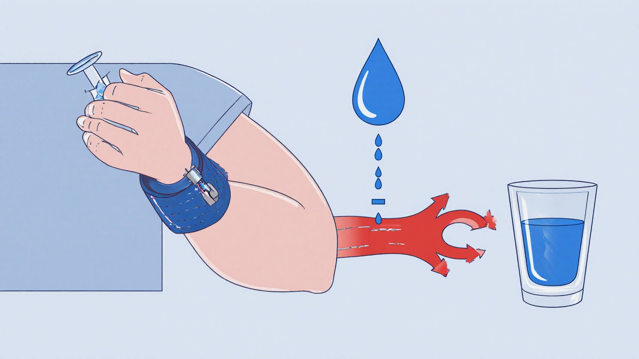 Схема руки с веной и каплей воды, показывающая улучшение кровотока при гидратации.