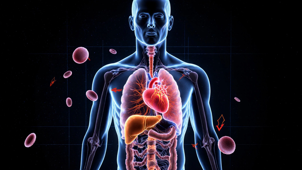 Силуэт человека с внутренними органами, светящимися цветами, обозначающими показатели крови