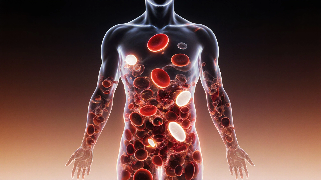 Силуэт человека, заполненный светящимися компонентами крови, символизирующими здоровье и дисбаланс.