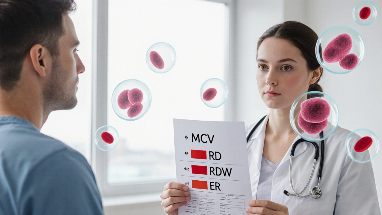 Врач показывает пациенту анализ крови с обозначениями Hb, WBC, PLT и другими показателями.