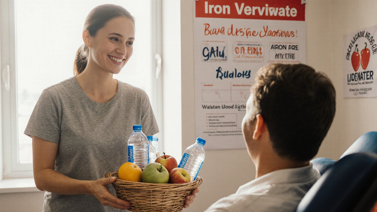 Женщина передает воду и фрукты донору, вокруг волонтеры и плакаты о железе.