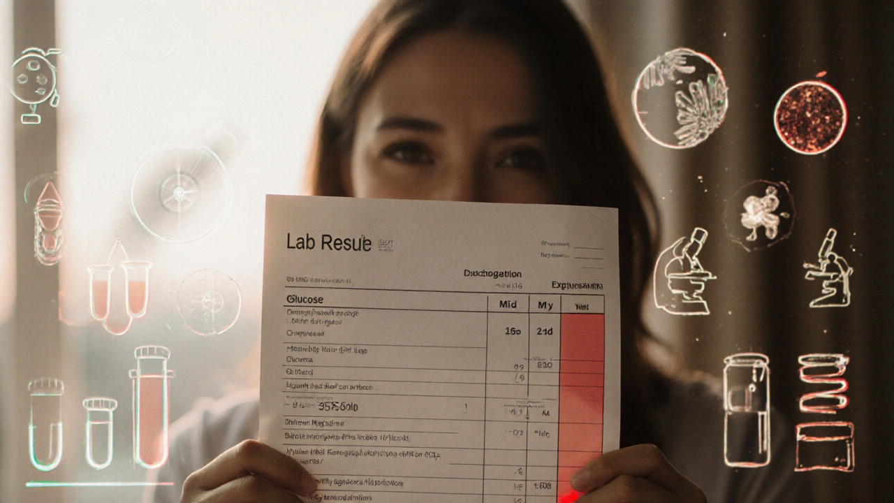 Женщина смотрит на результаты анализов утром, за ней — силуэты лабораторного оборудования.