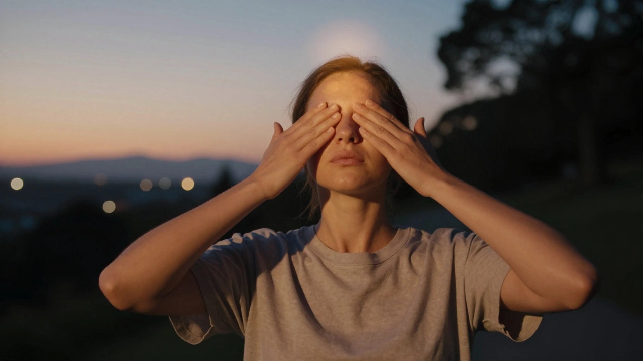 Человек дышит глубоко, прижав ладони к закрытым глазам на закате.