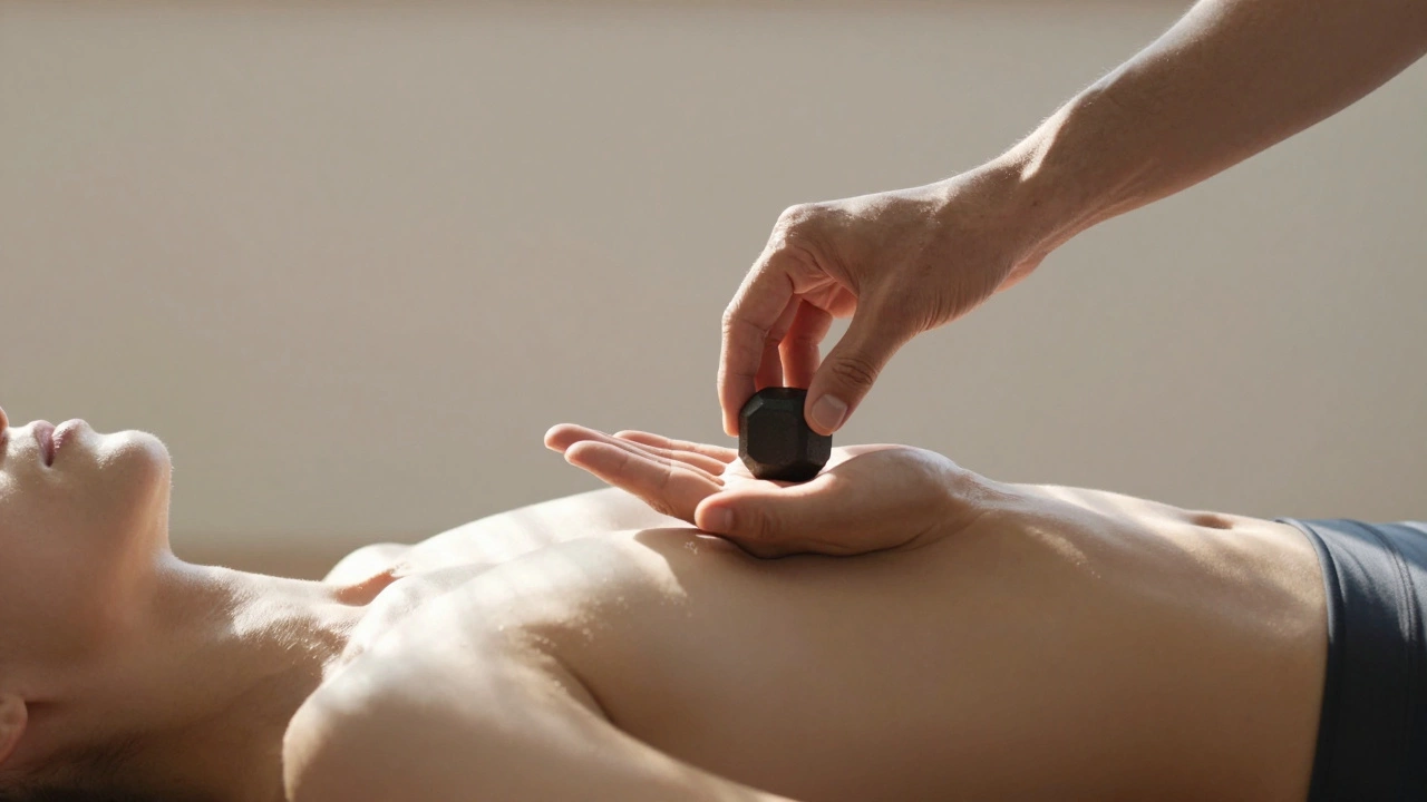 Человек медленно поднимает руку с легким грузом, лежа на спине, движение контролируемое и точное.