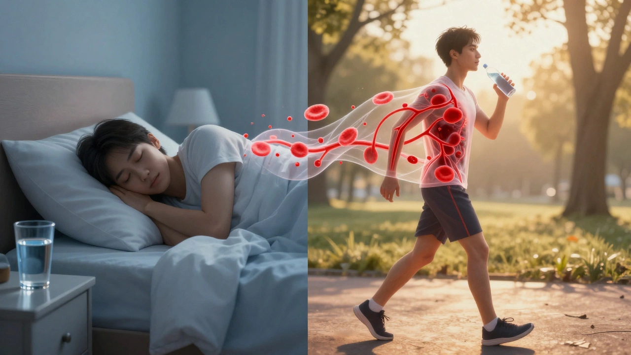 Два образа одного человека: спящий и идущий на рассвете, с визуализацией улучшенного кровотока.
