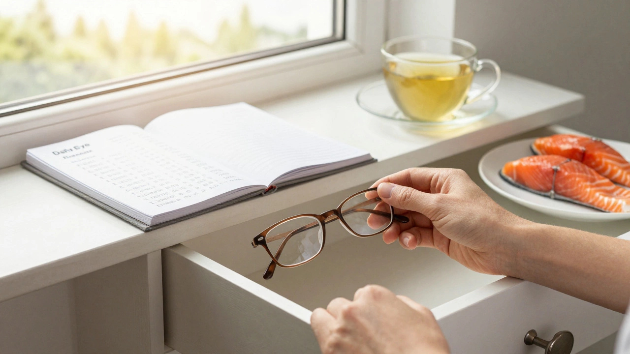 Две руки: одна кладет очки в ящик, другая держит список упражнений, на фоне деревья и лосось.