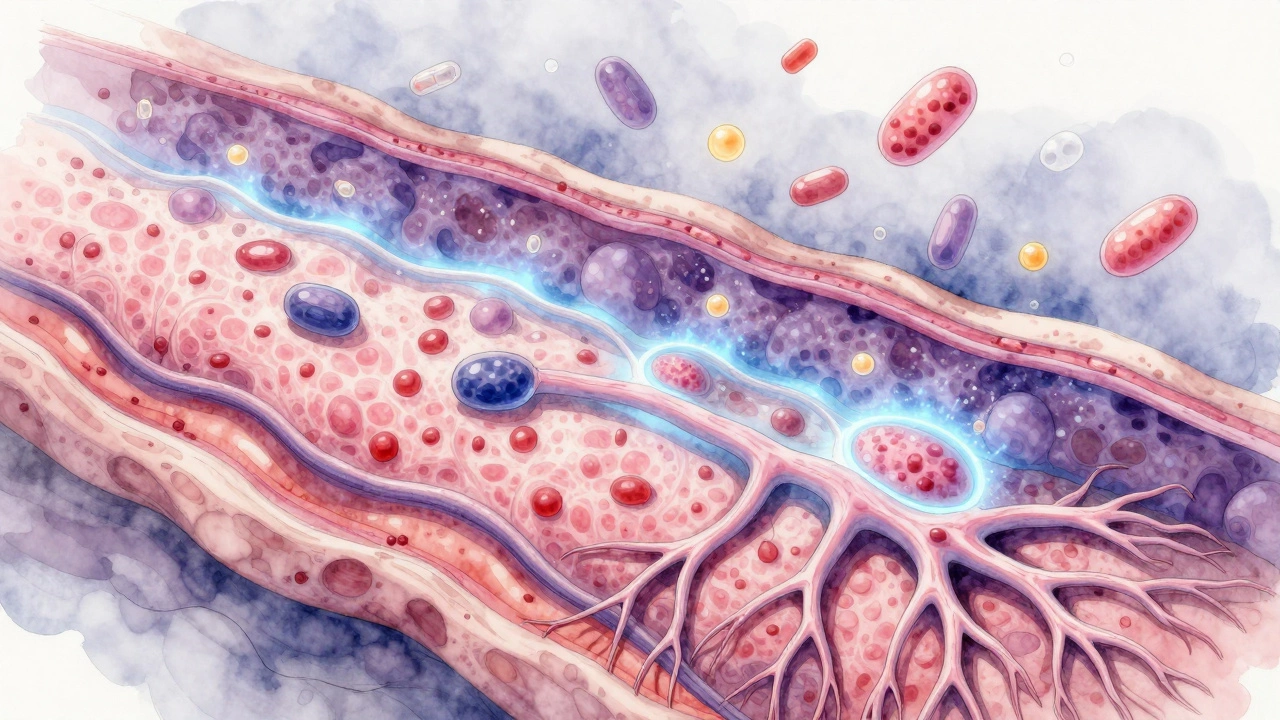 Фибробласты создают коллаген в ране, появляются новые капилляры, грануляционная ткань розового цвета.
