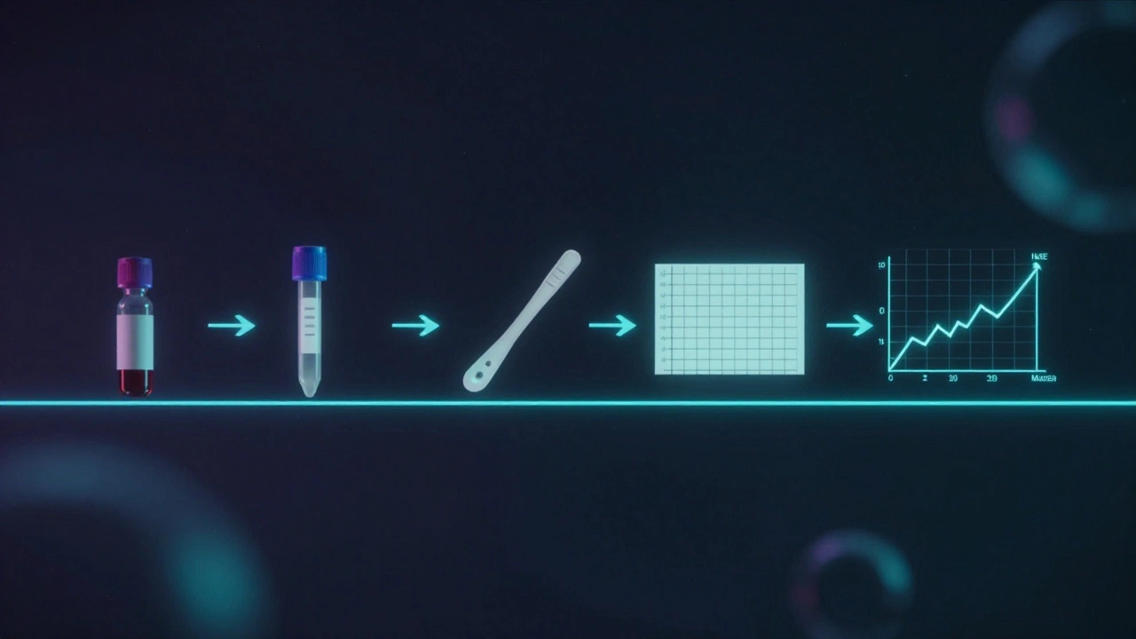 Хронология медицинских анализов, от крови до онкомаркеров, в виде световых дорожек.