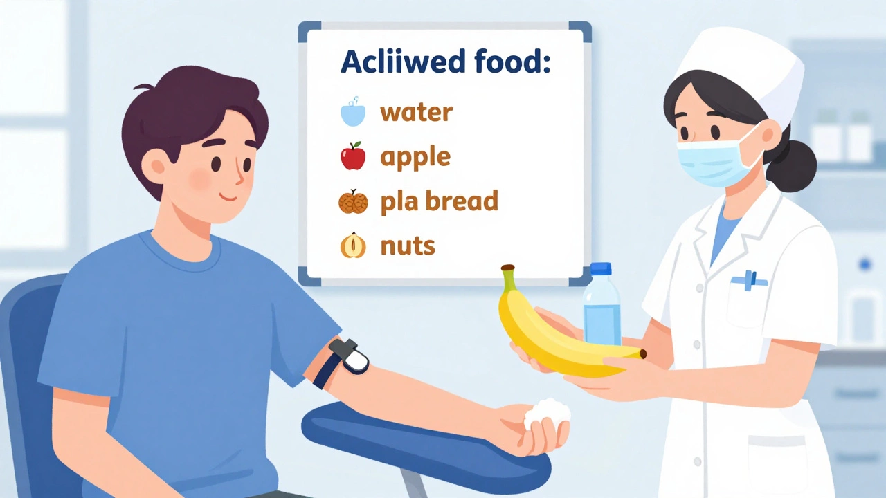 Пациент после сдачи крови получает банан и воду от медсестры в лаборатории.