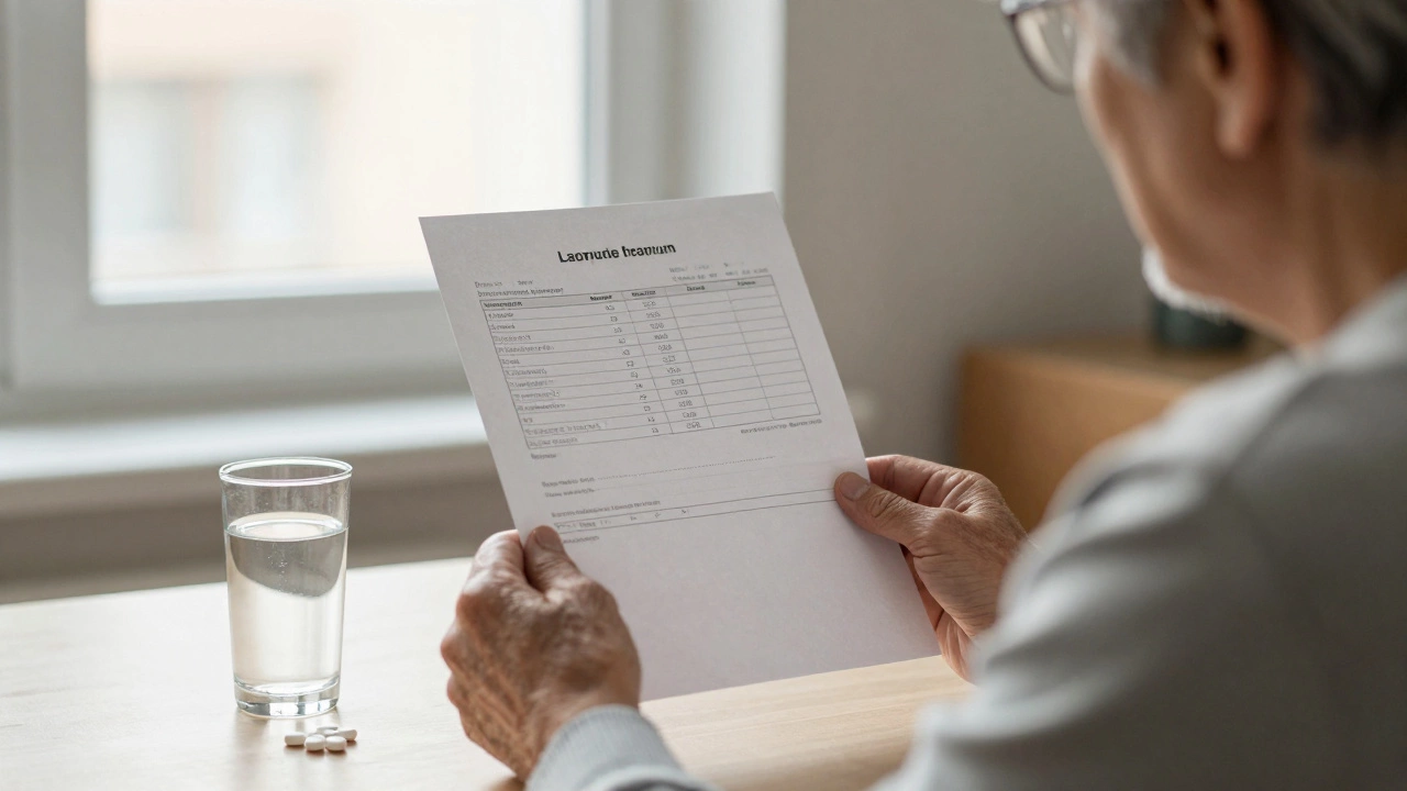 Пожилой человек смотрит на результаты анализа крови, рядом стакан воды