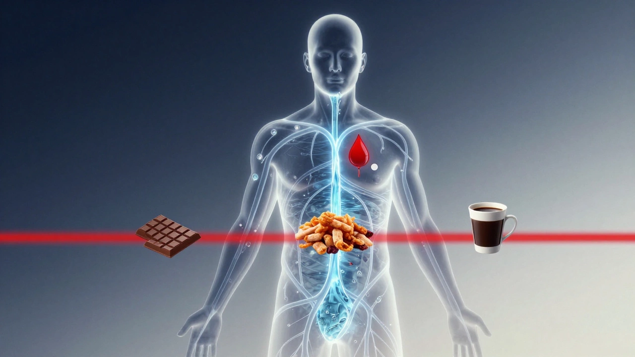 Прозрачная фигура с потоками воды и запрещенными продуктами, символизирующая подготовку к сдаче крови.