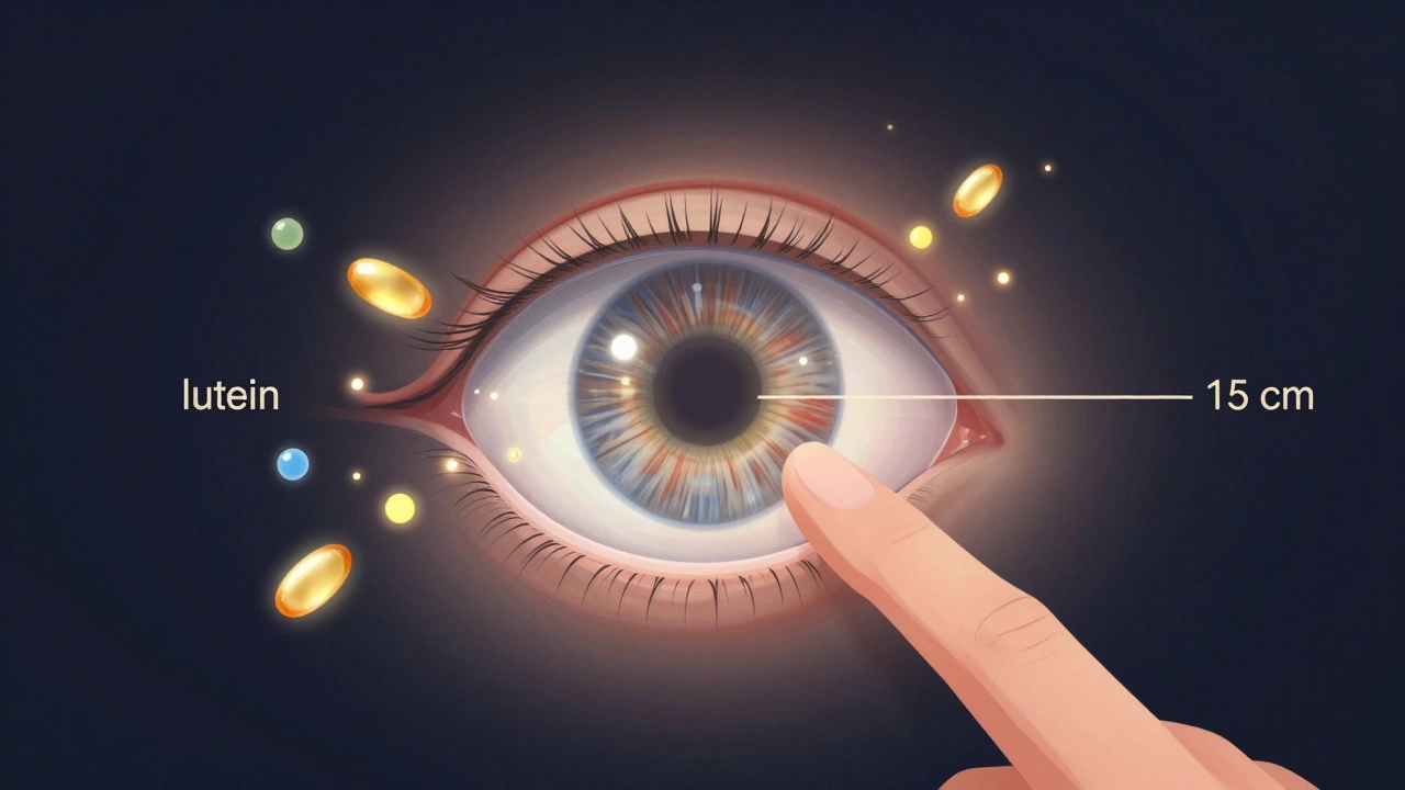 Прозрачное изображение глаза с мышцами в движении и питающими частицами лютеина и омега-3.