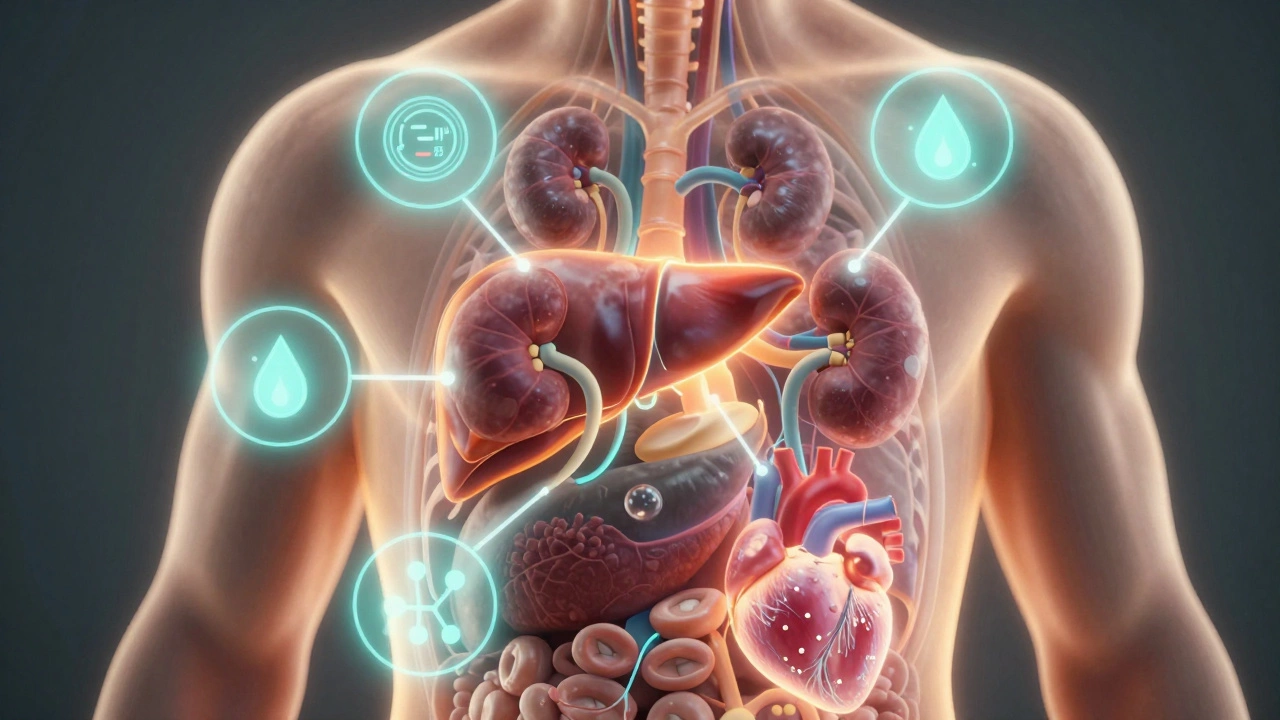 Прозрачное тело человека с подсвеченными органами и маркерами здоровья.
