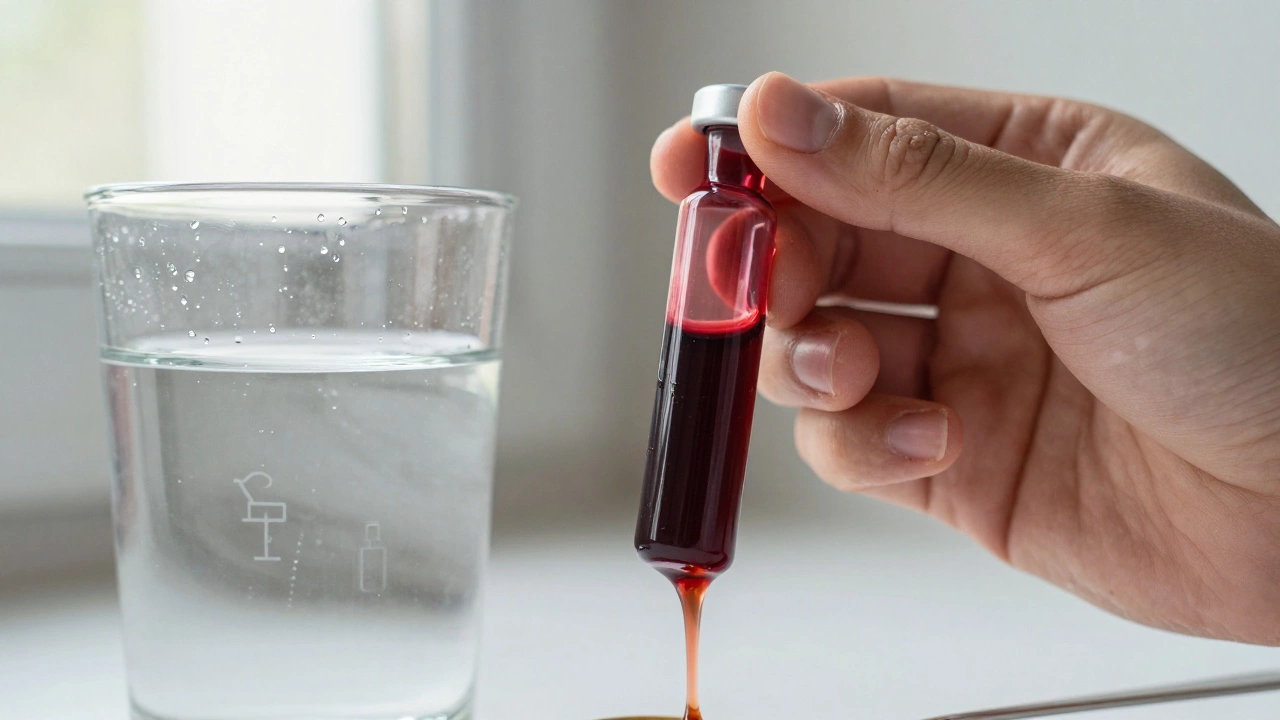 Рука с пробиркой густой темной крови рядом с прозрачным стаканом воды и ложкой меда.