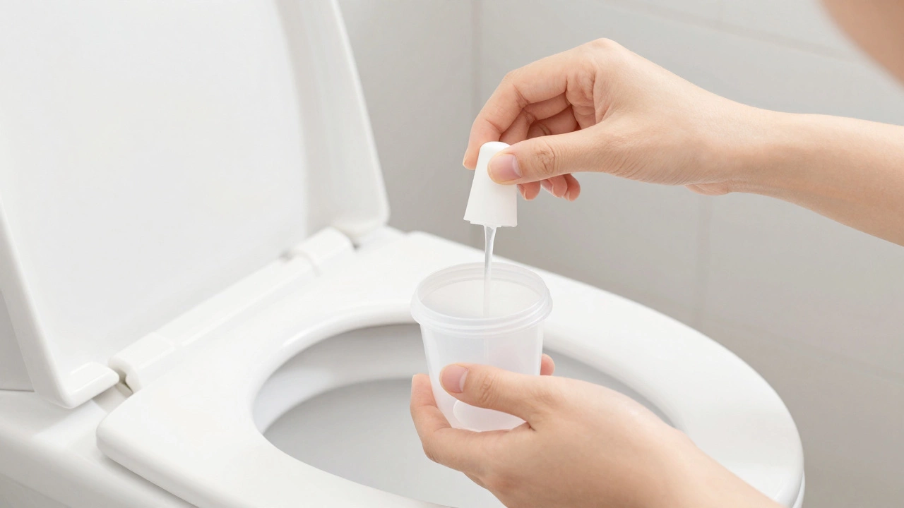 Сбор мочи по методу средней порции — струя направлена в контейнер, руки чистые.