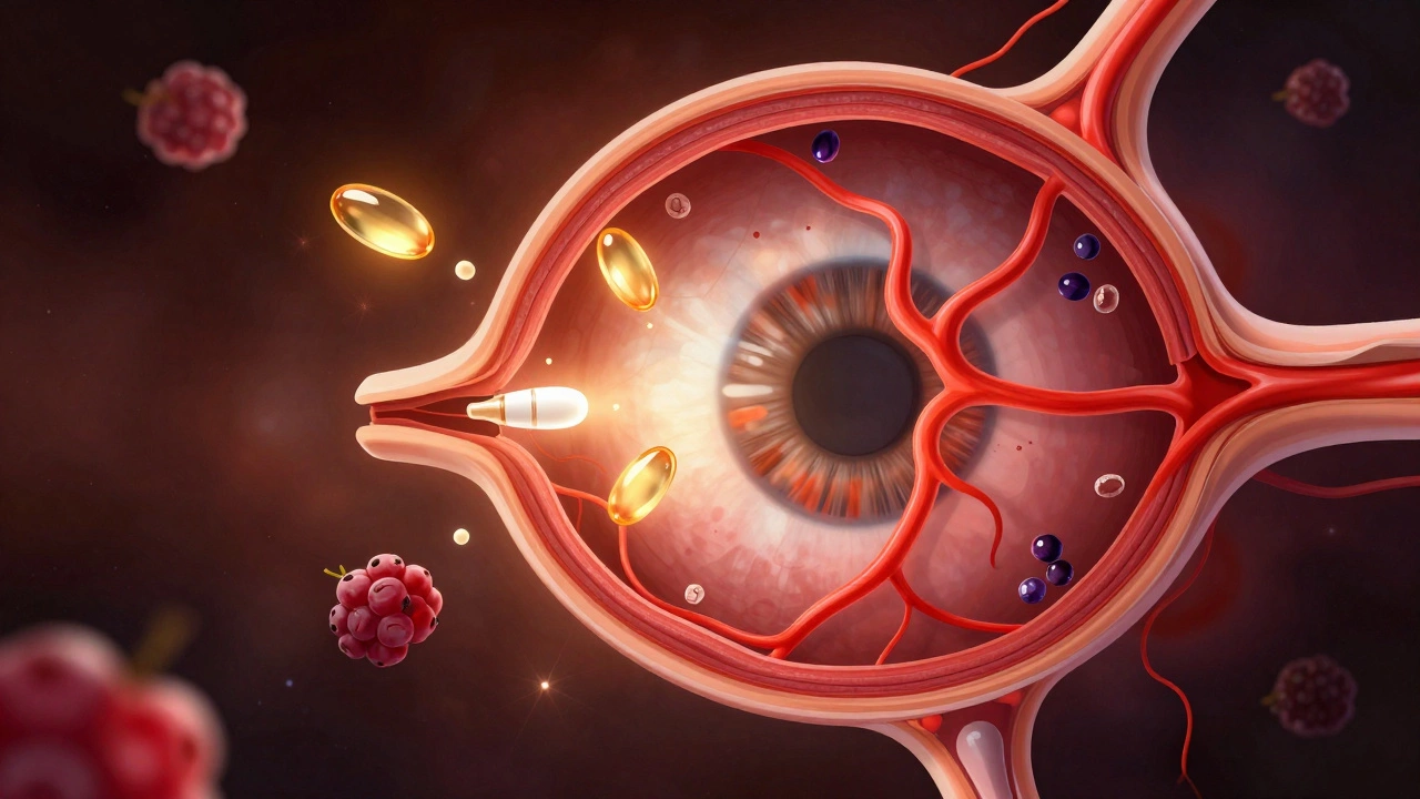 Схематичное изображение глаза с активным кровотоком и питательными веществами в сетчатке.