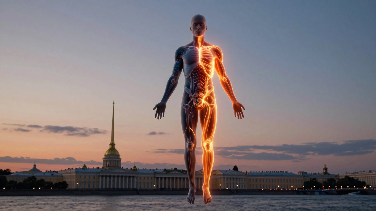 Силуэт человека с внутренними энергетическими путями: одна сторона тусклая, другая — яркая, символизирующая восстановление обмена.