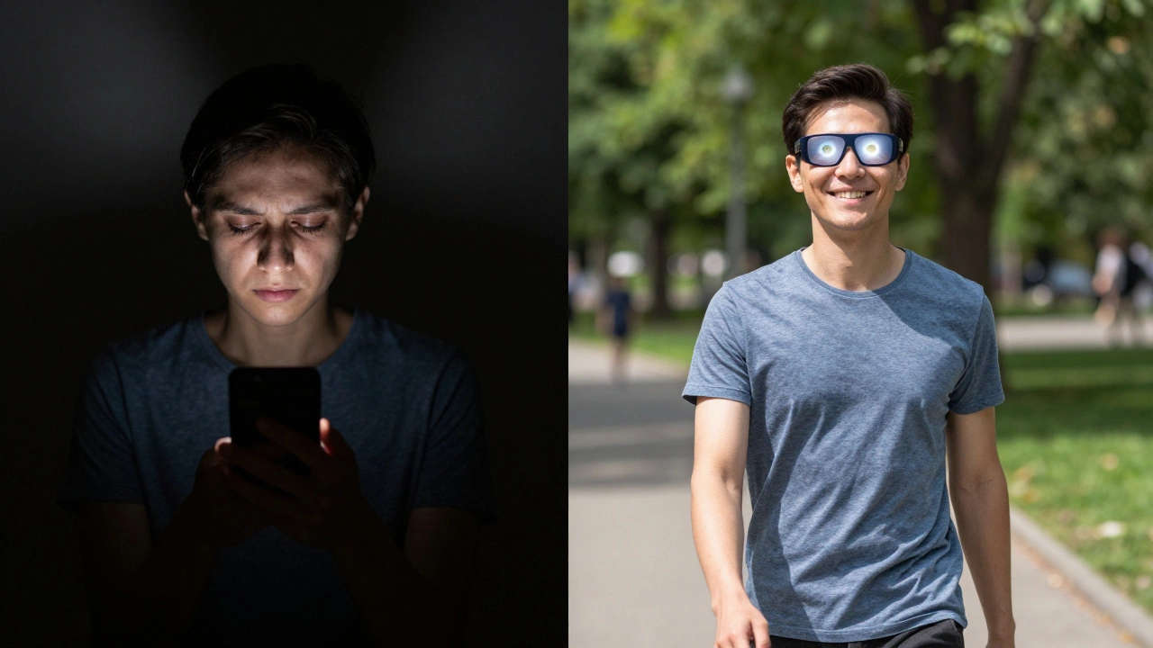 Сравнение: слева — человек смотрит в телефон в темноте, справа — тот же человек гуляет на солнце в солнцезащитных очках.