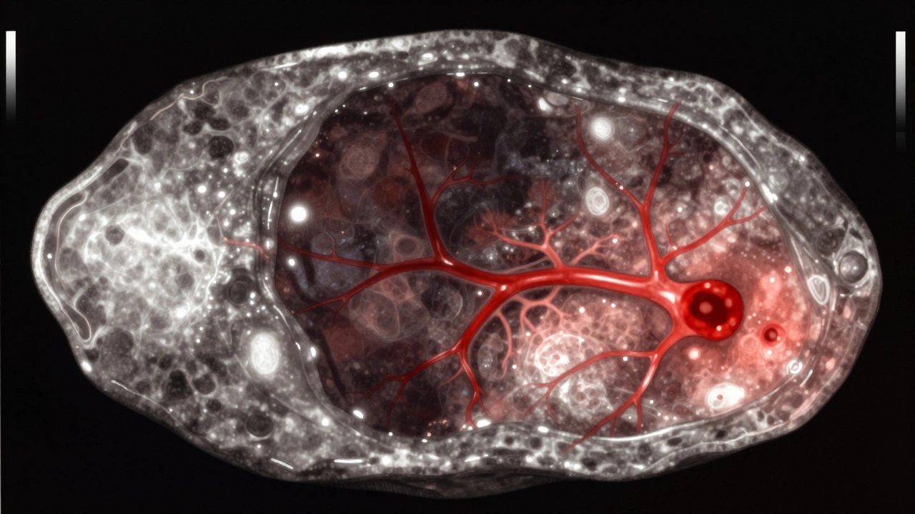 УЗИ опухоли: неровные границы, включения и кровоток внутри образования.