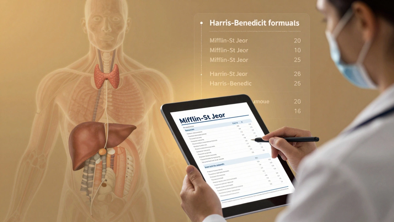 Врач анализирует метаболический отчет с формулами Миффлина и Харриса-Бенедикта на планшете.