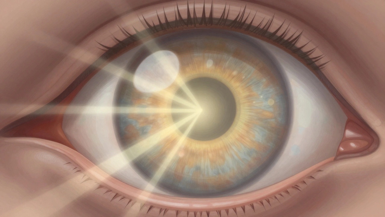 Анатомическая иллюстрация глаза с мутным хрусталиком, блокирующим свет.