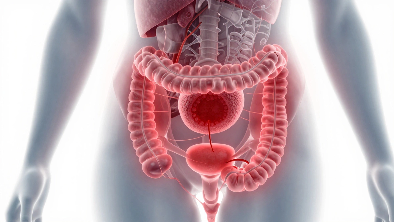 Анатомическая иллюстрация кисты яичника, давящей на мочевой пузырь и кишечник.